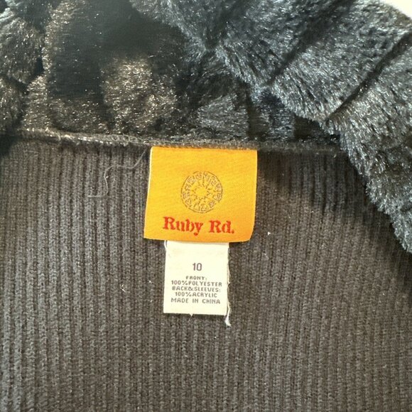 Ruby Rd Women SZ 10 RUN BIG Black Faux Fur Cardigan Sweater-Open Front-Stretchy - Picture 3 of 11